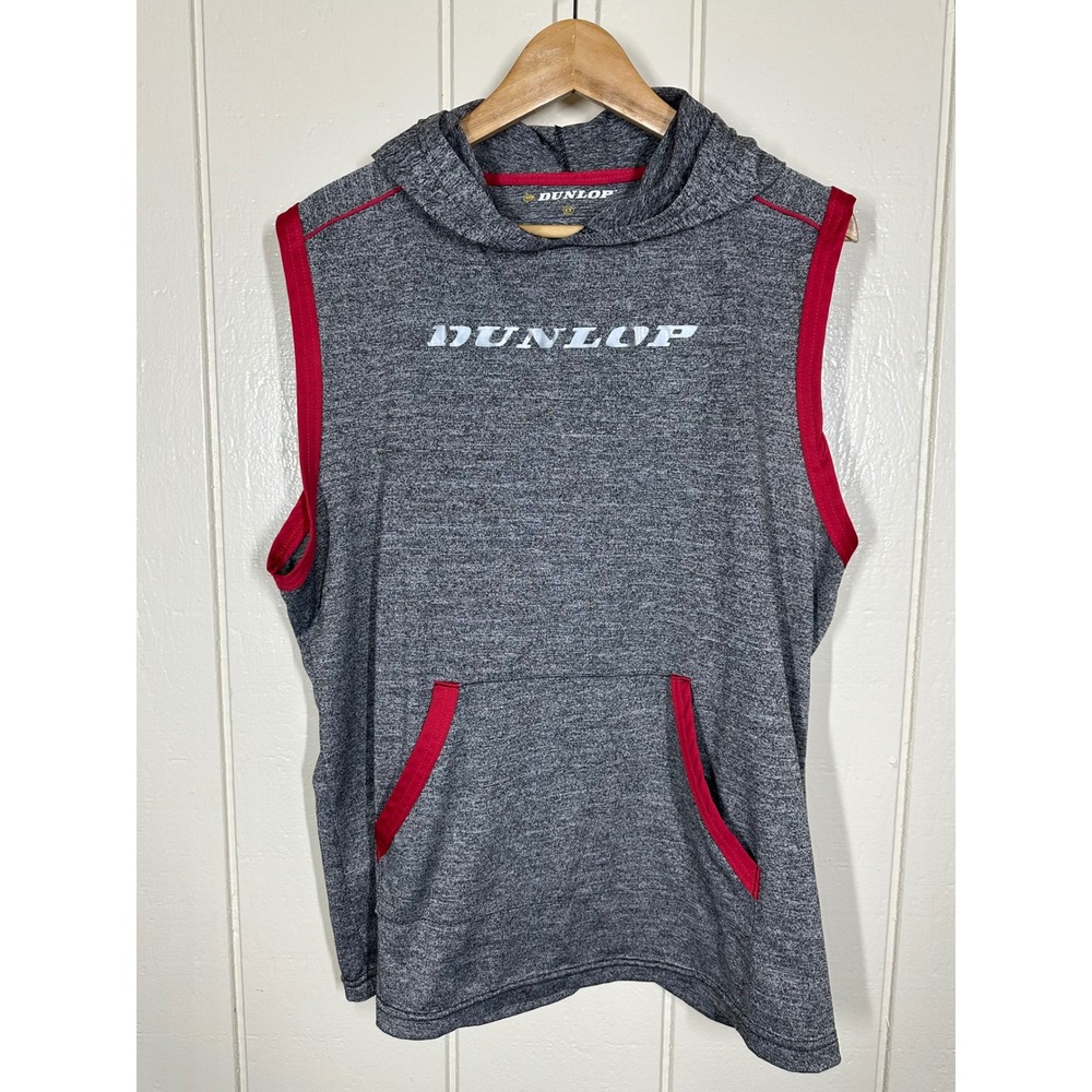 Dunlop Sleeveless Hoodie Mens XL Grey Red Logo Athletic Gym Training Top 7982